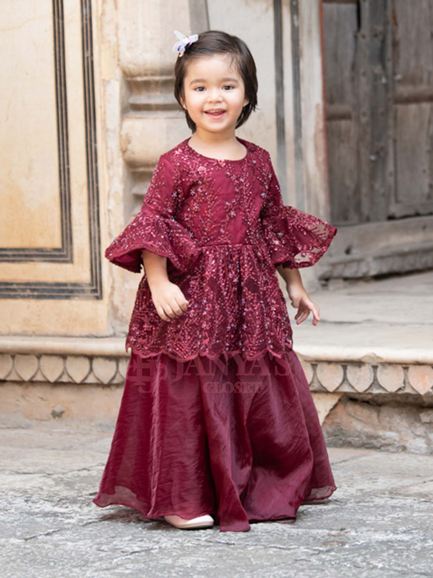 Maroon Embroidered Indo Western Kurti With Sharara