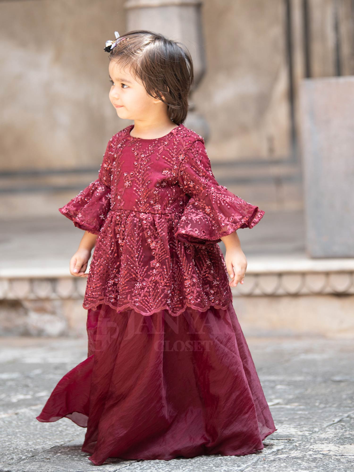 Maroon Embroidered Indo Western Kurti With Sharara