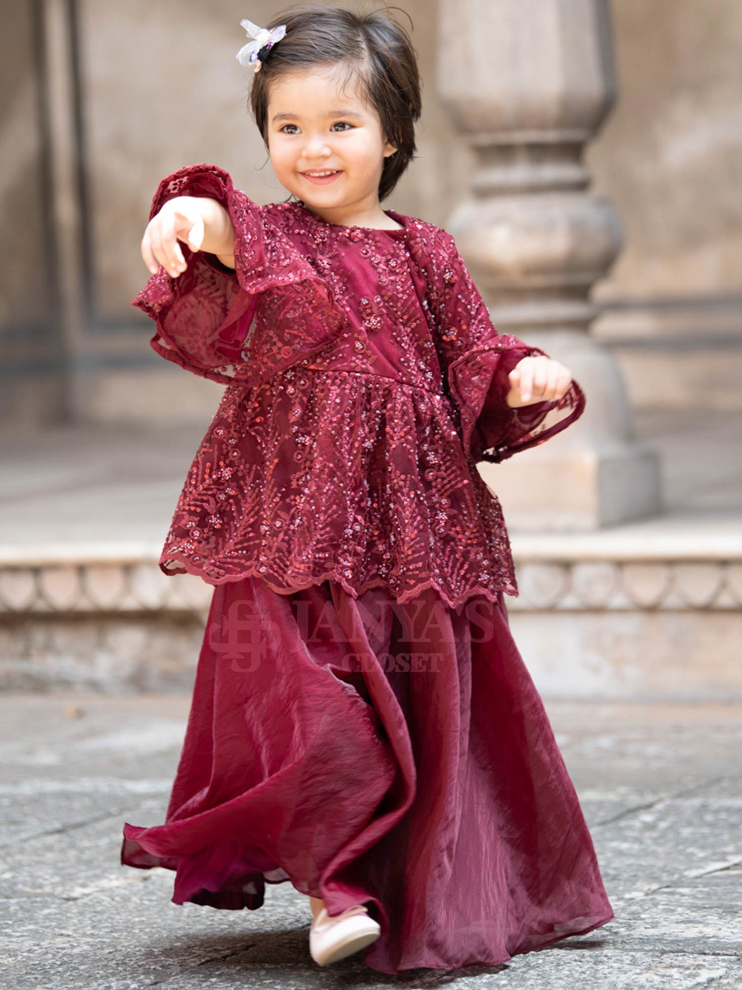 Maroon Embroidered Indo Western Kurti With Sharara