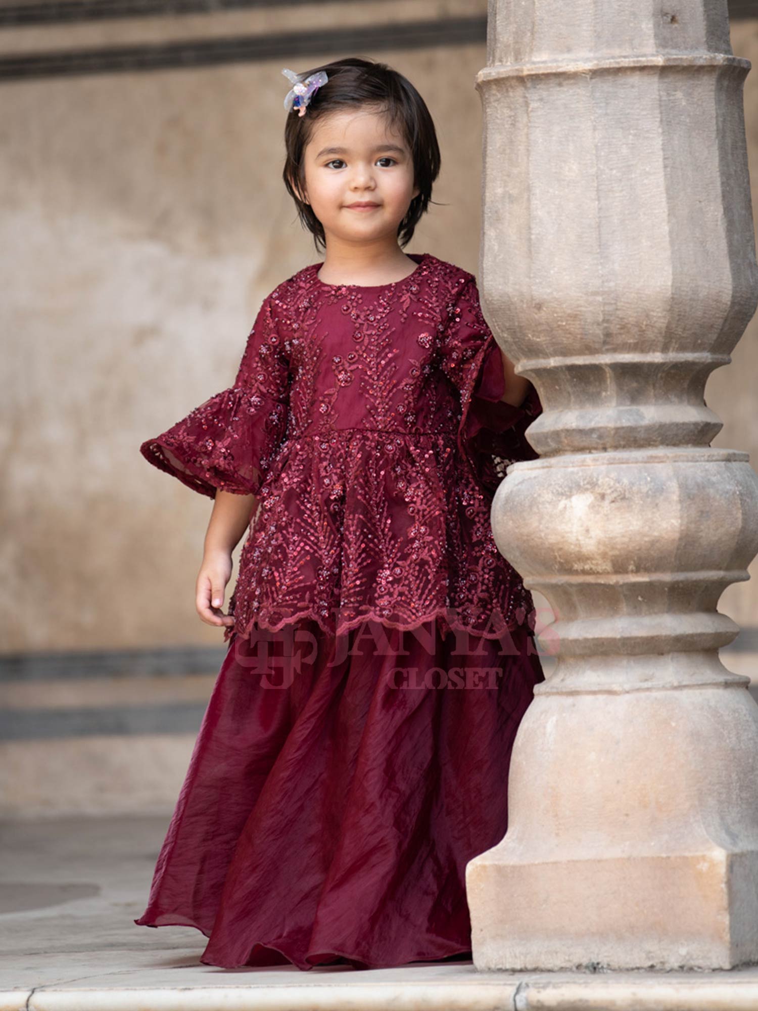 Maroon Embroidered Indo Western Kurti With Sharara