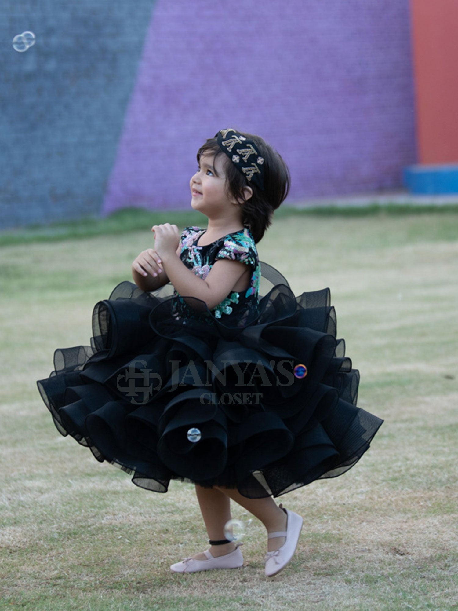 Black Embroidered Birthday Party Dress With Hair Pin