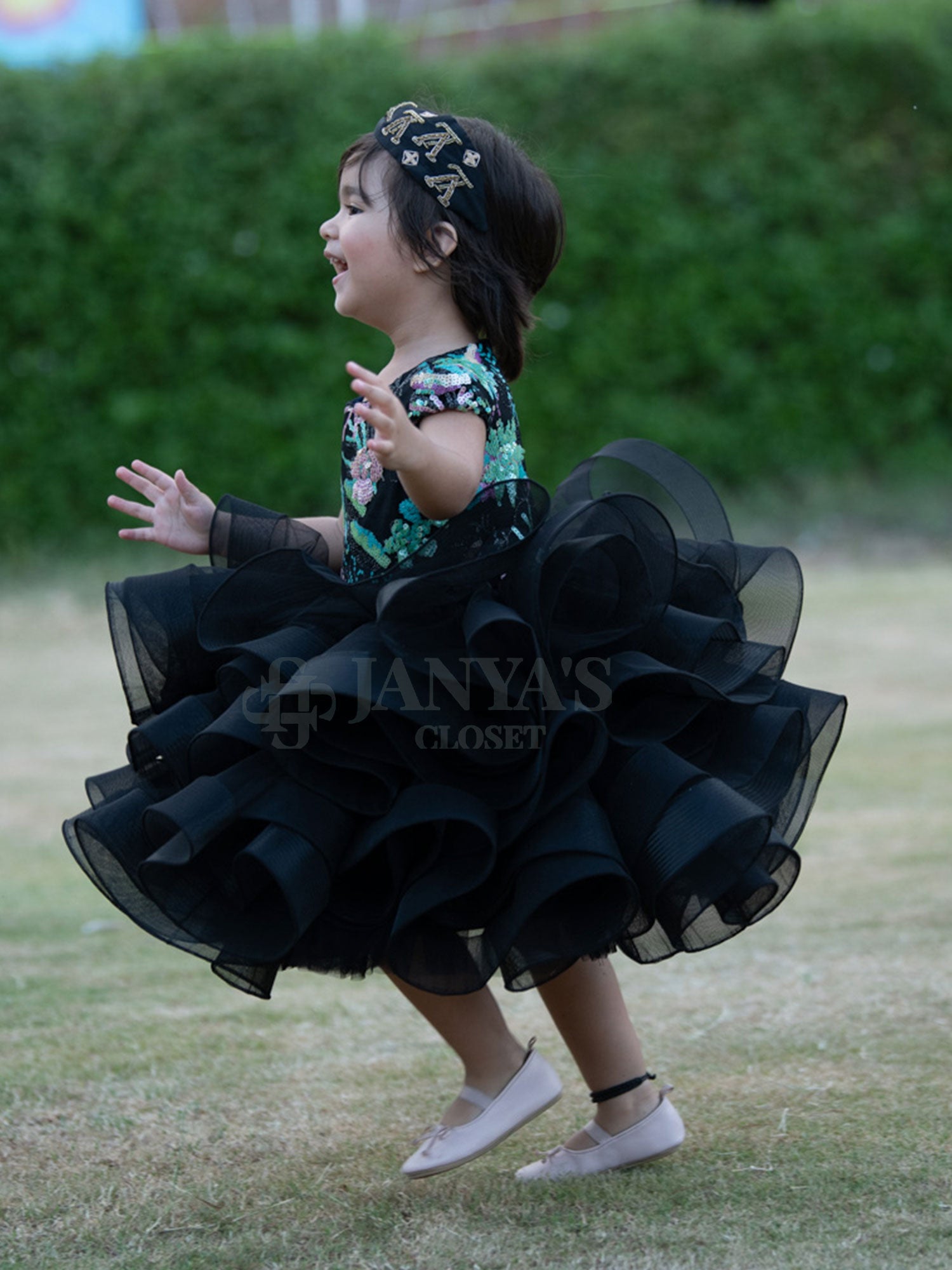 Black Embroidered Birthday Party Dress With Hair Pin