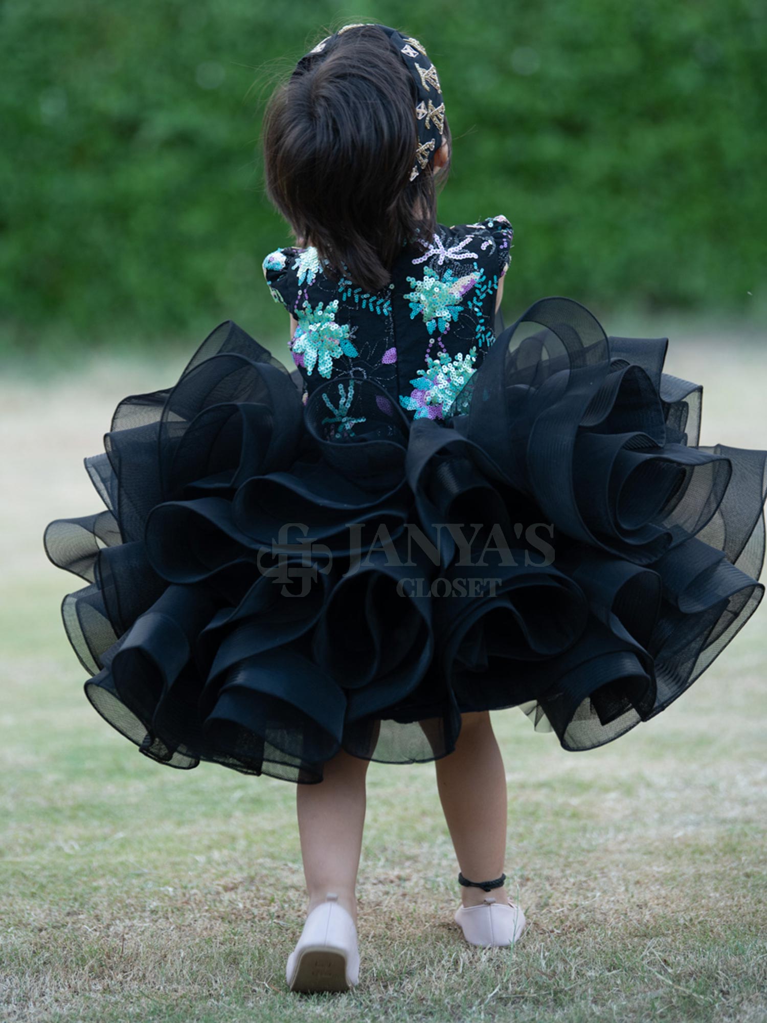 Black Embroidered Birthday Party Dress With Hair Pin