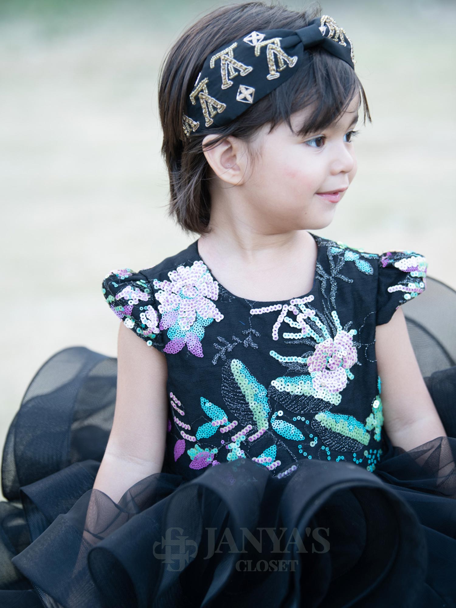 Black Embroidered Birthday Party Dress With Hair Pin