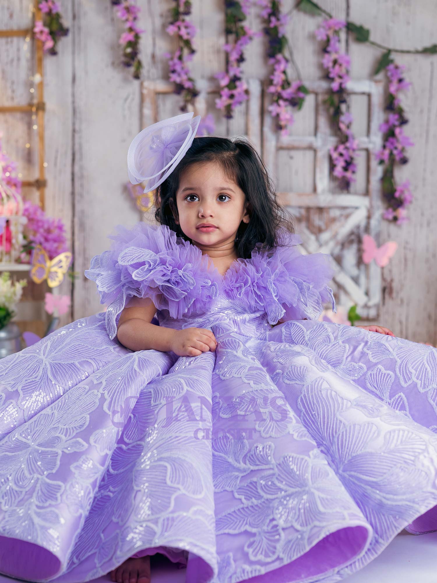 Whimsical Lavender Flower Gown With Hair Pin