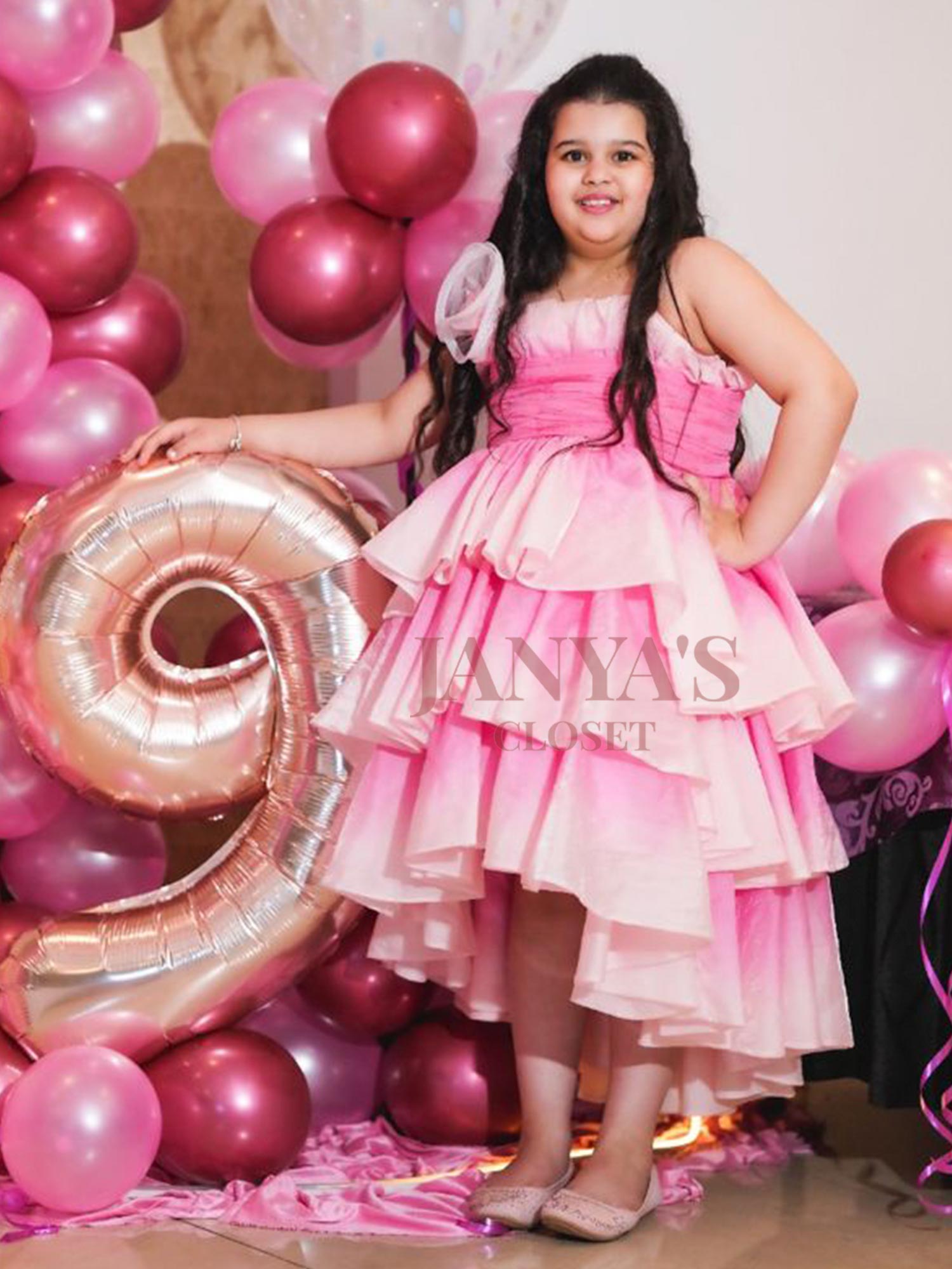 Pink Layered Ombre Gown With Hair Pin