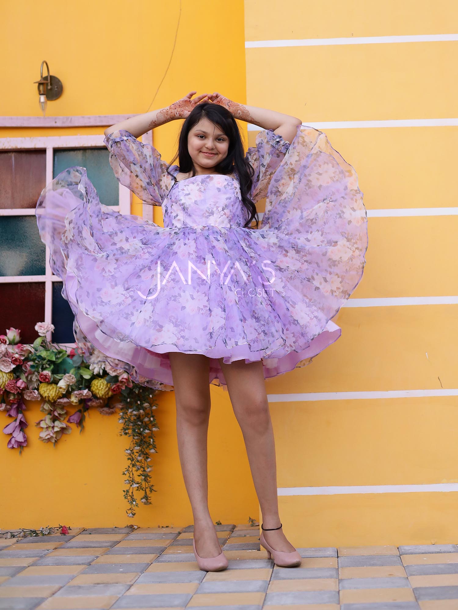 Printed Floral Puff Dress With Hair Accessory