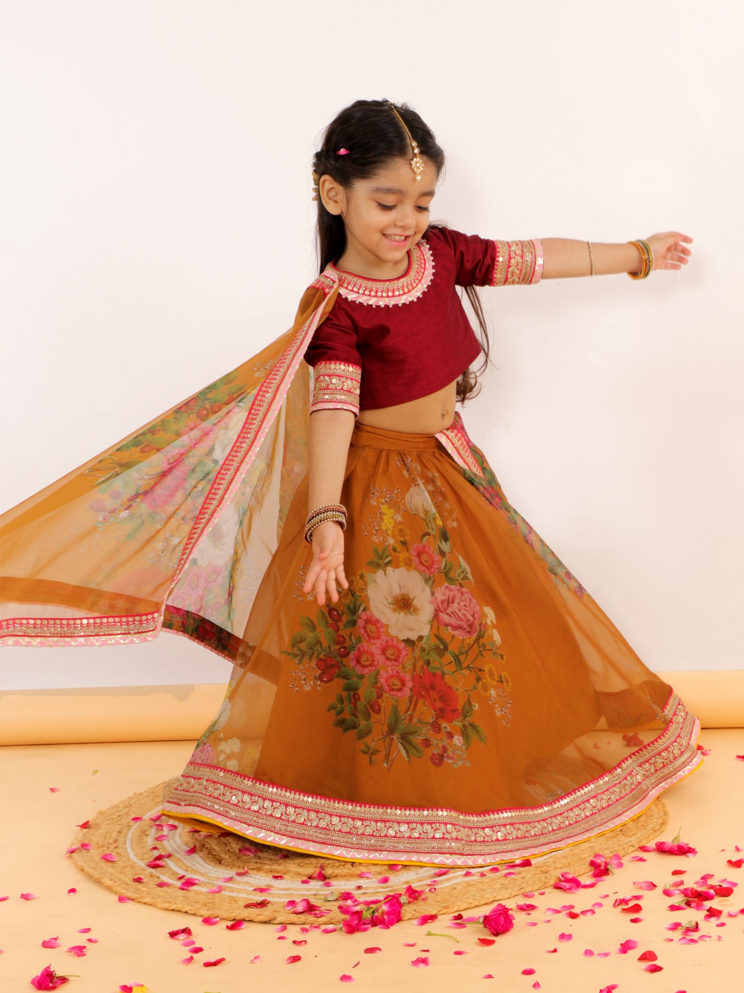 Printed Ochre Organza Lehnga Set With Dupatta