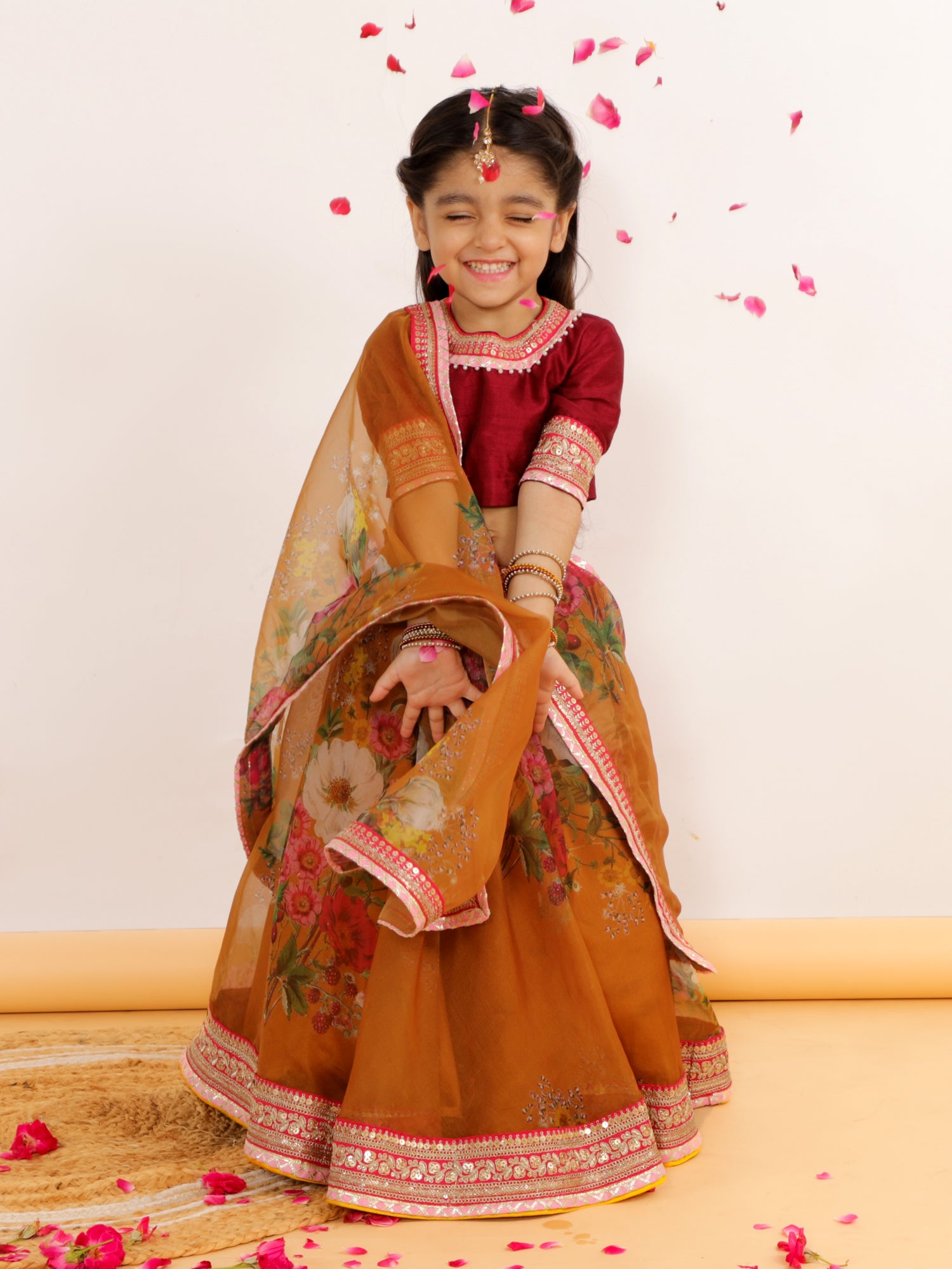 Printed Ochre Organza Lehnga Set With Dupatta