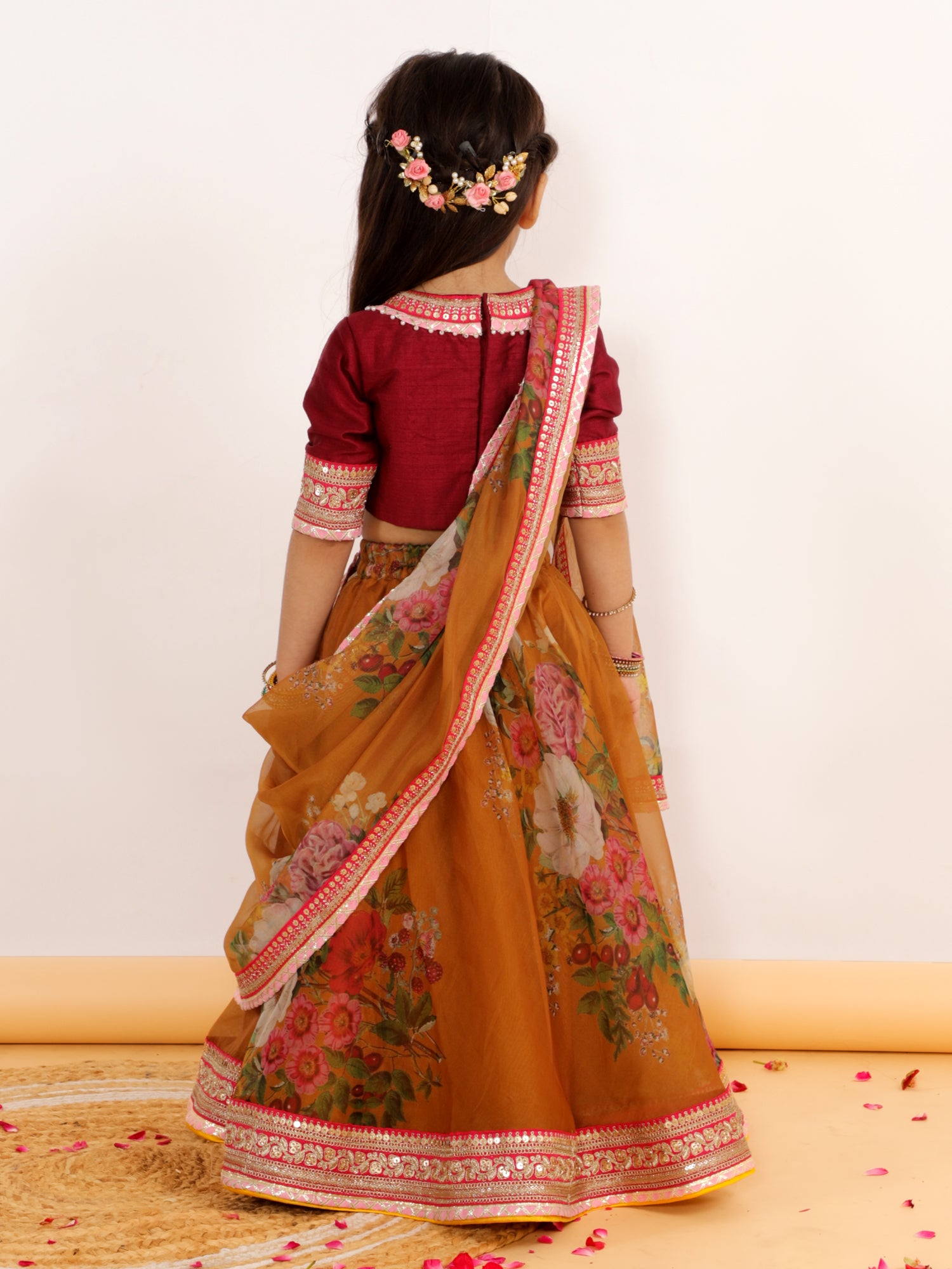 Printed Ochre Organza Lehnga Set With Dupatta