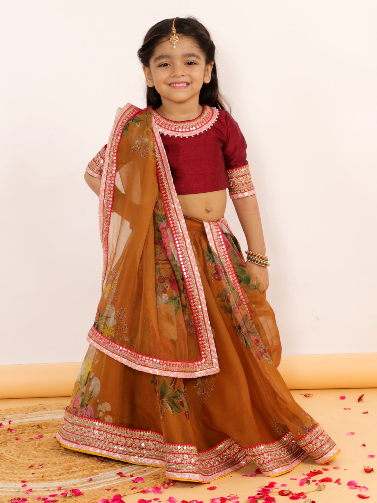 Printed Ochre Organza Lehnga Set With Dupatta