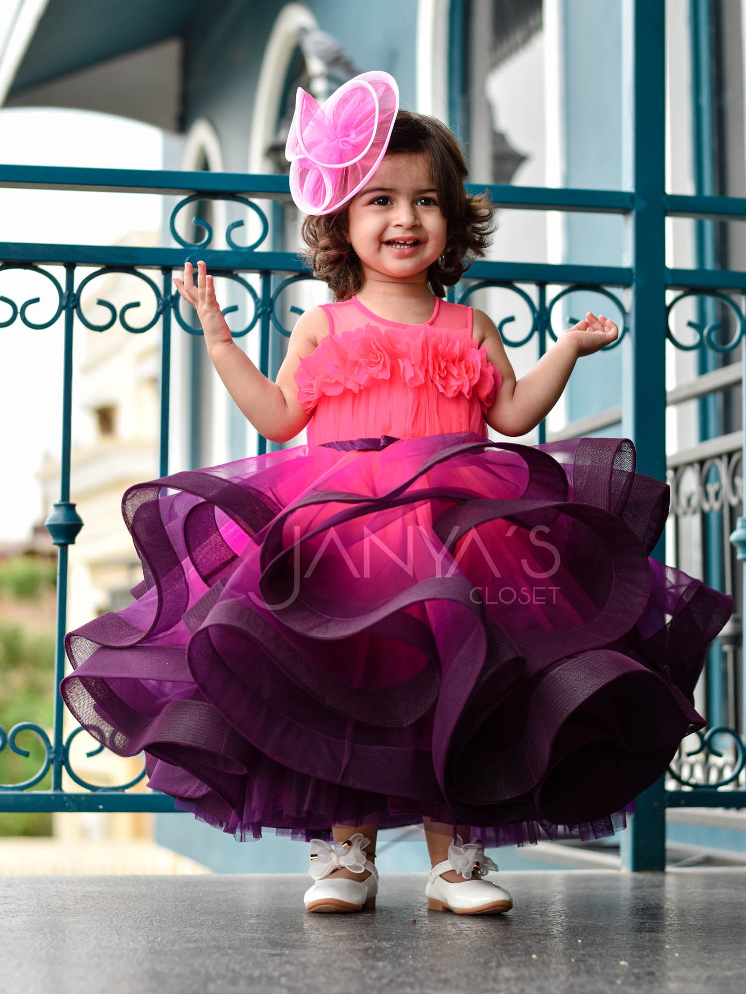 Neon Pink Purple Princess Shaded Gown With Hair Pin