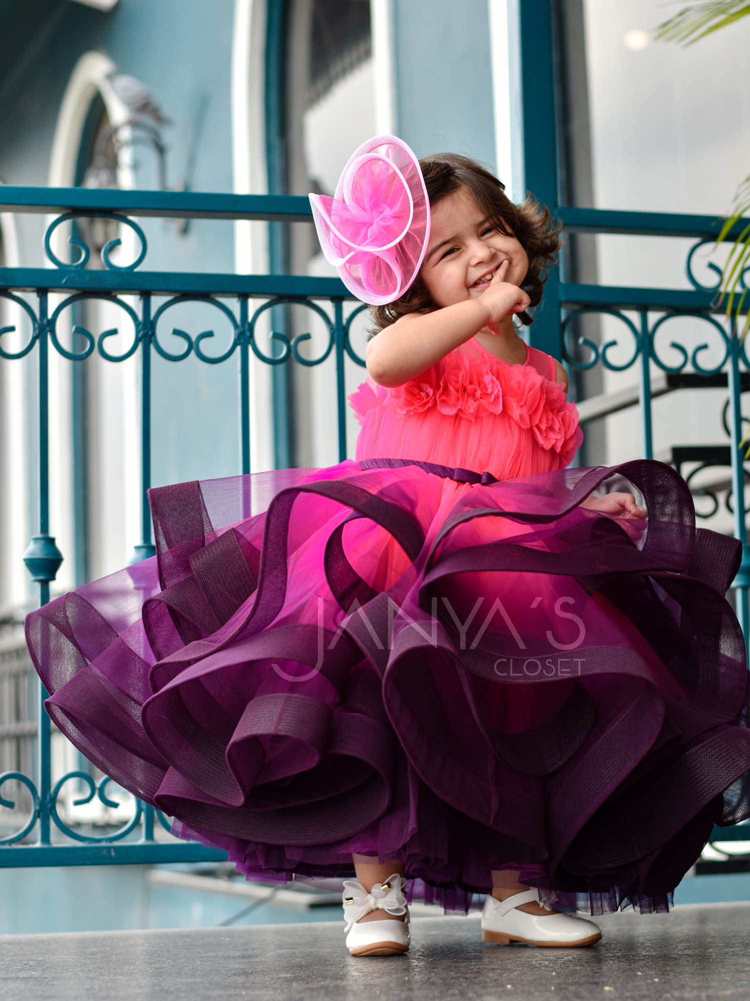 Neon Pink Purple Princess Shaded Gown With Hair Pin