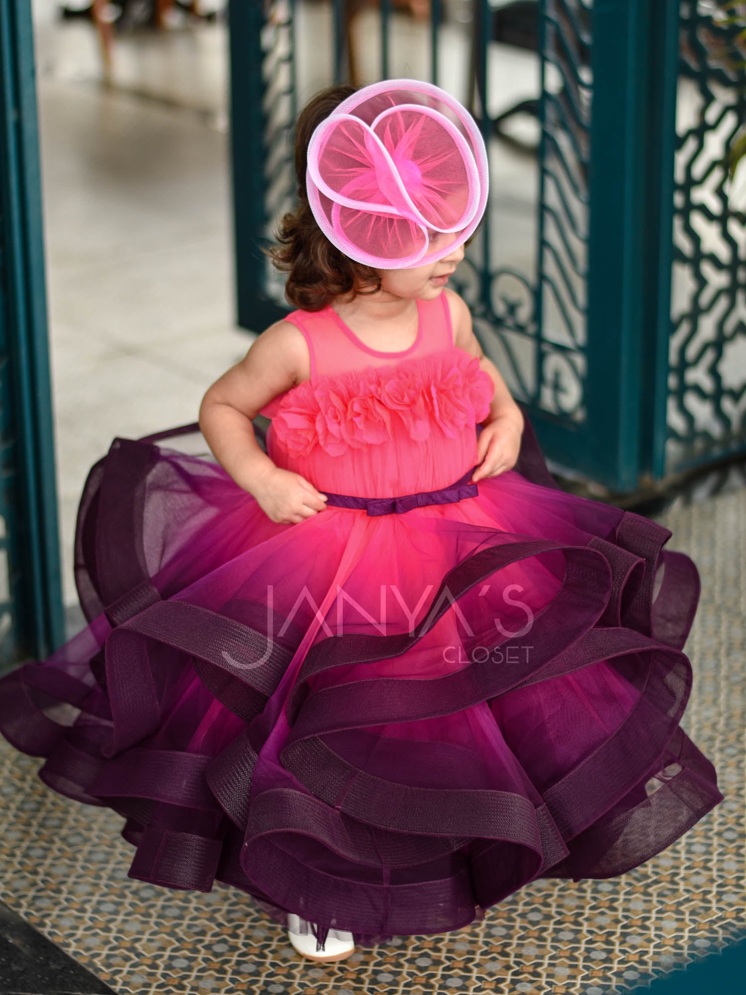 Neon Pink Purple Princess Shaded Gown With Hair Pin