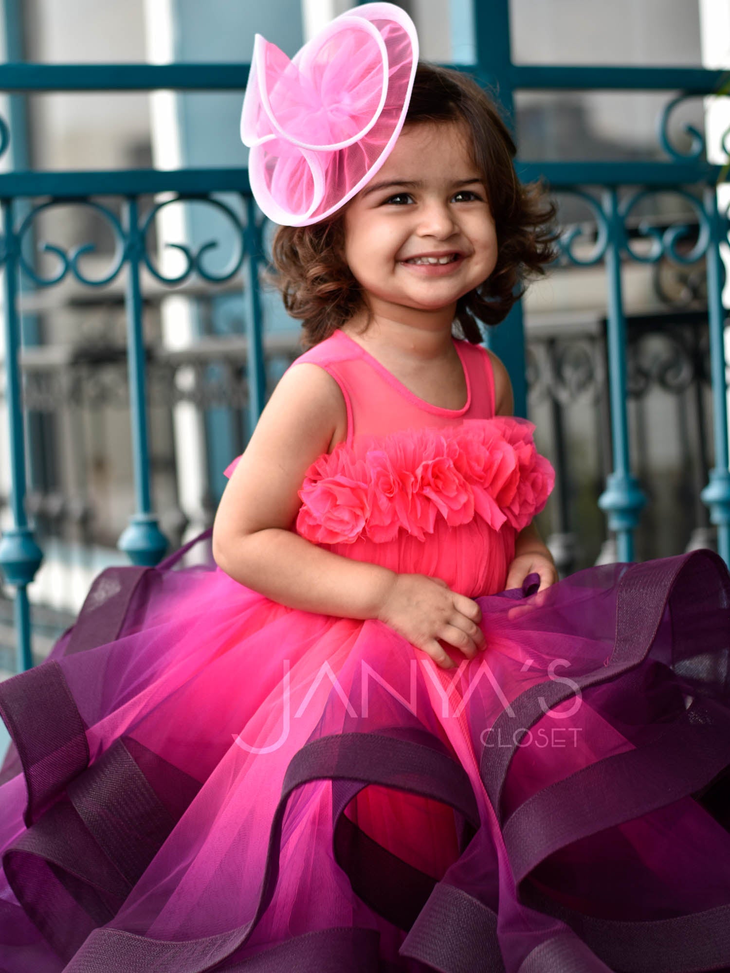 Neon Pink Purple Princess Shaded Gown With Hair Pin