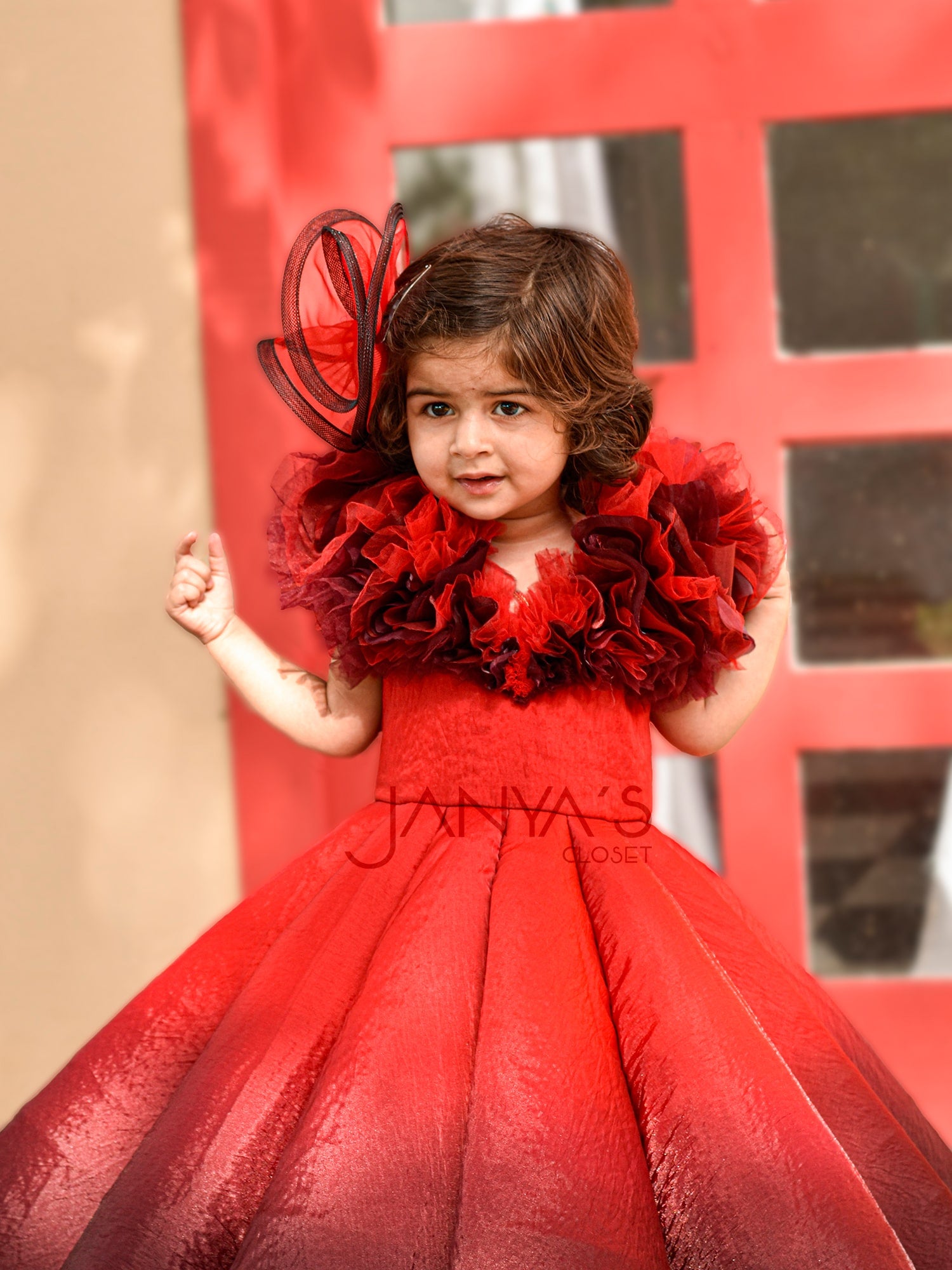 Shaded Red Couture Gown With Hair Accessory