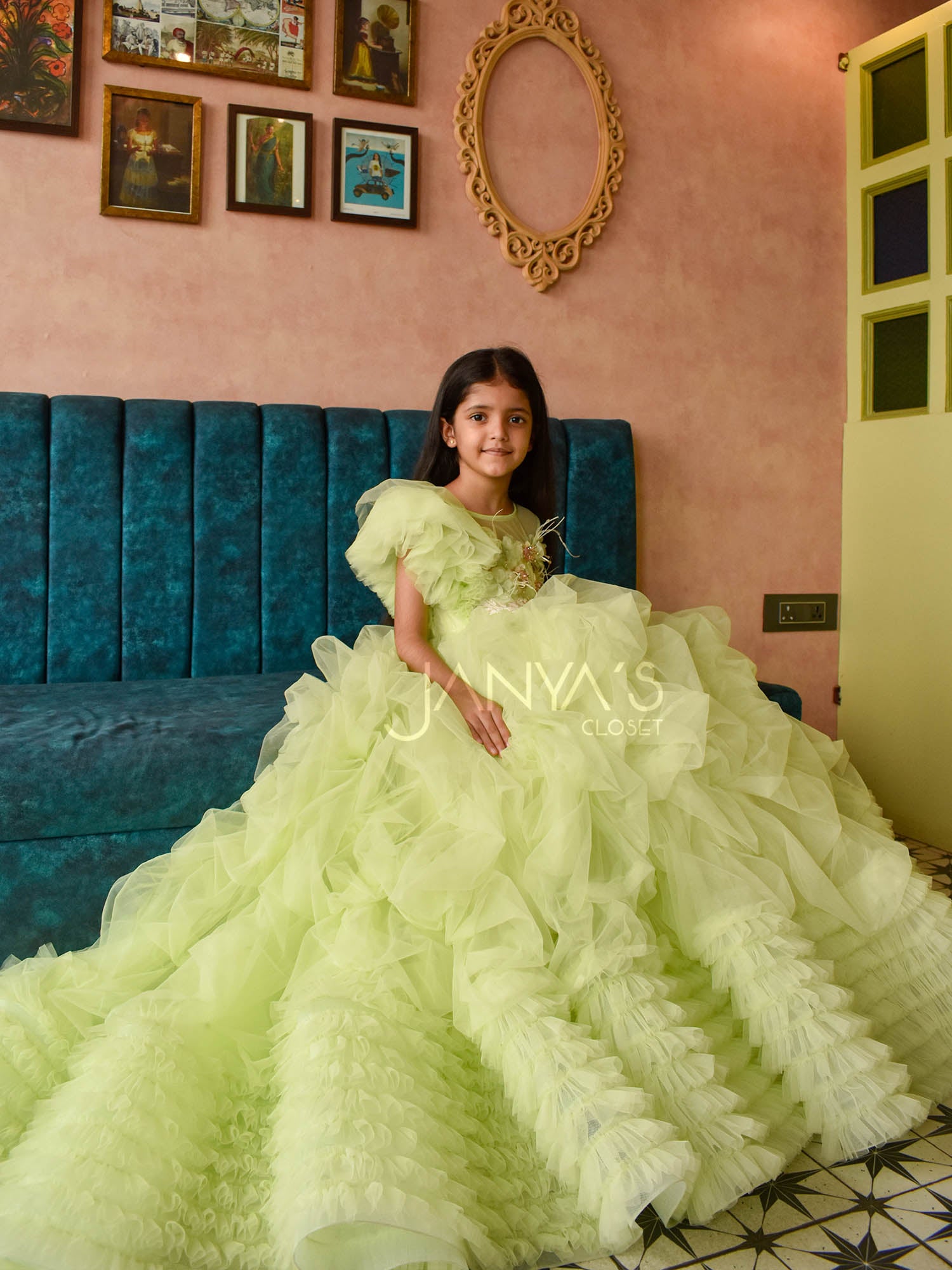 Green Ruffled Drape Princess Gown With Hair Accessory