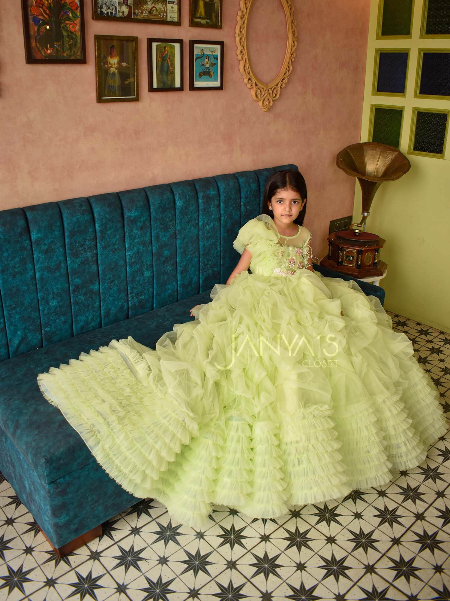 Green Ruffled Drape Princess Gown With Hair Accessory