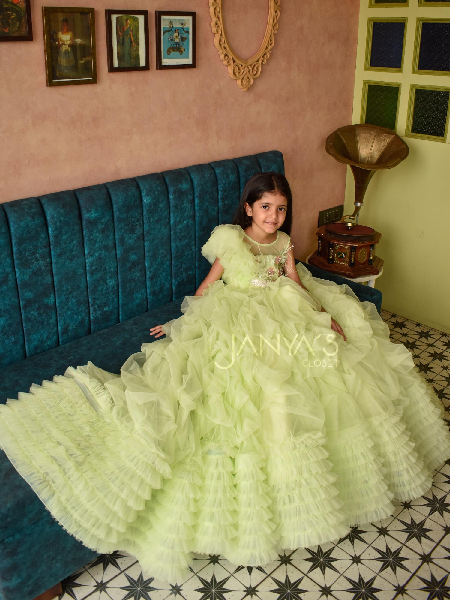 Green Ruffled Drape Princess Gown With Hair Accessory