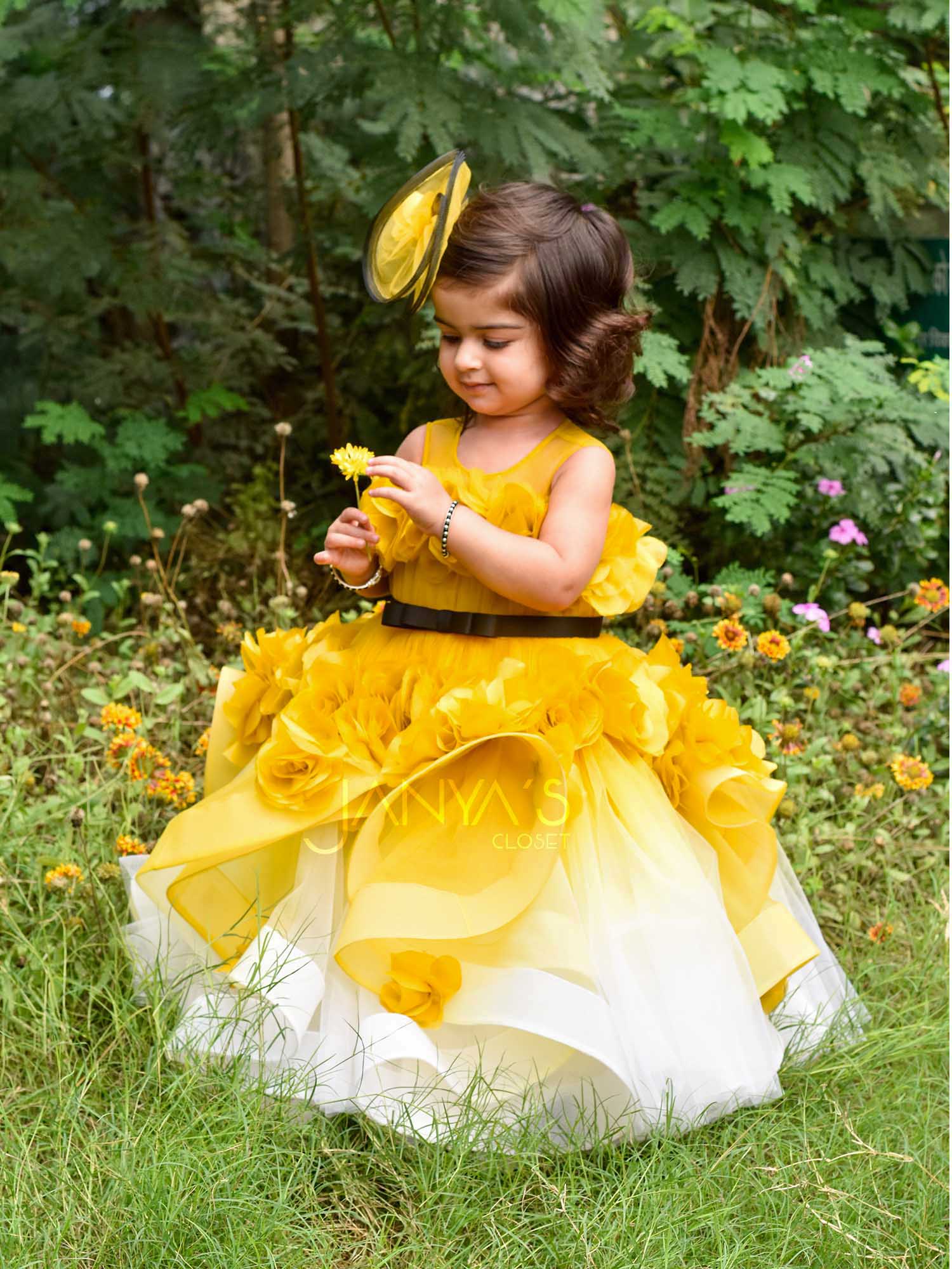 Shaded Yellow Fantasy Gown With Hair Pin