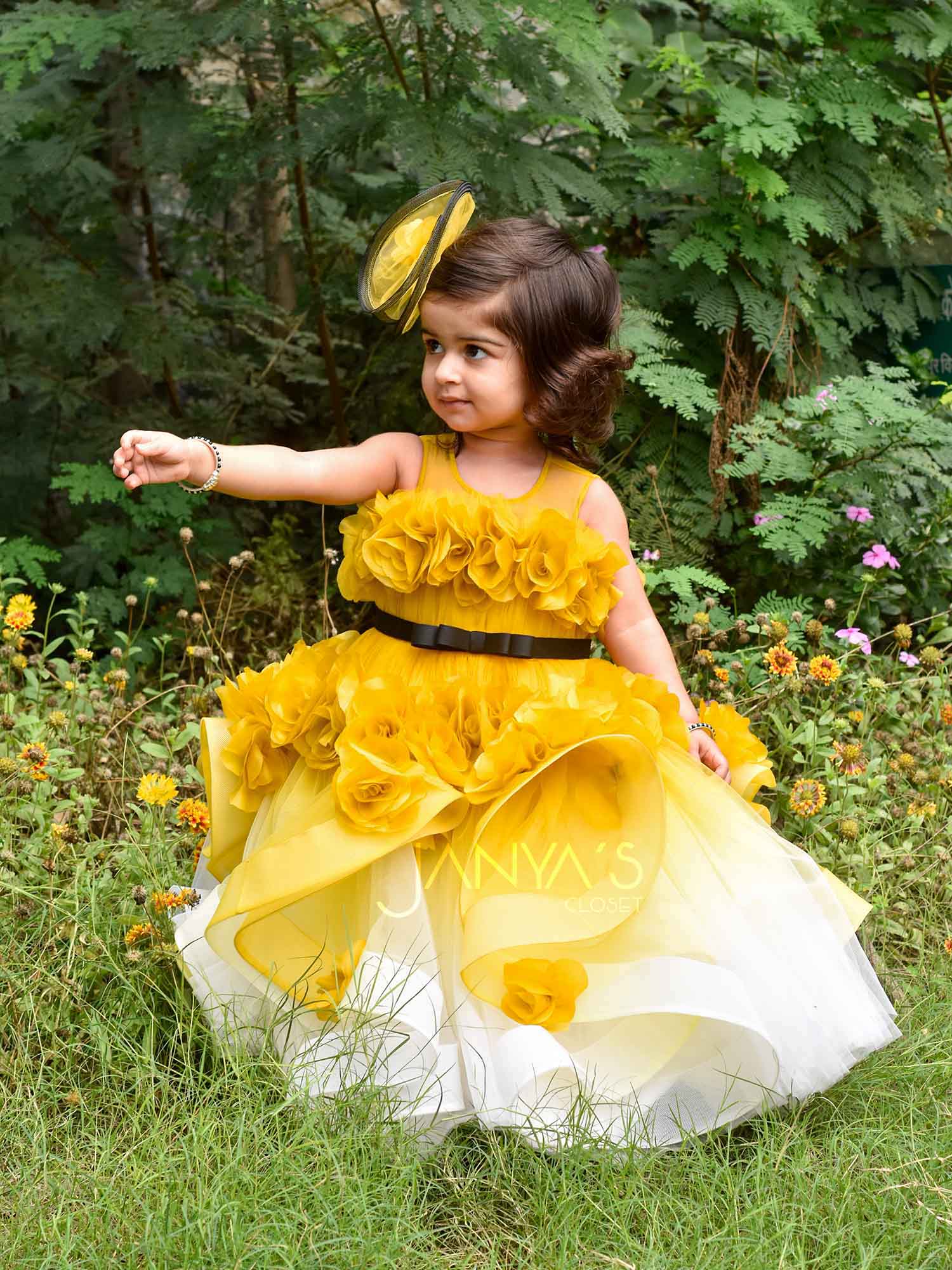 Shaded Yellow Fantasy Gown With Hair Pin